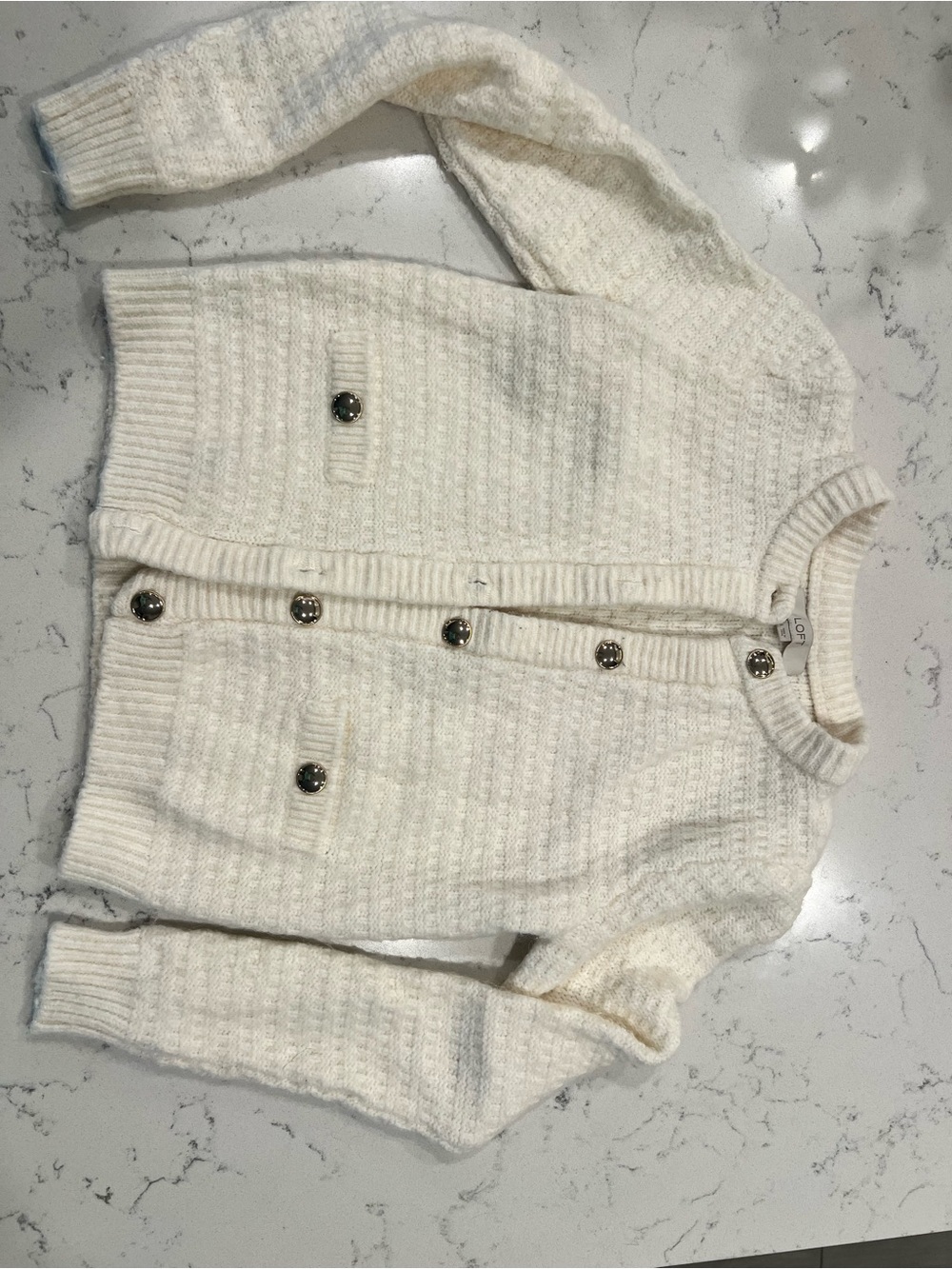 LOFT Cream Textured Knit Button-Front Cardigan